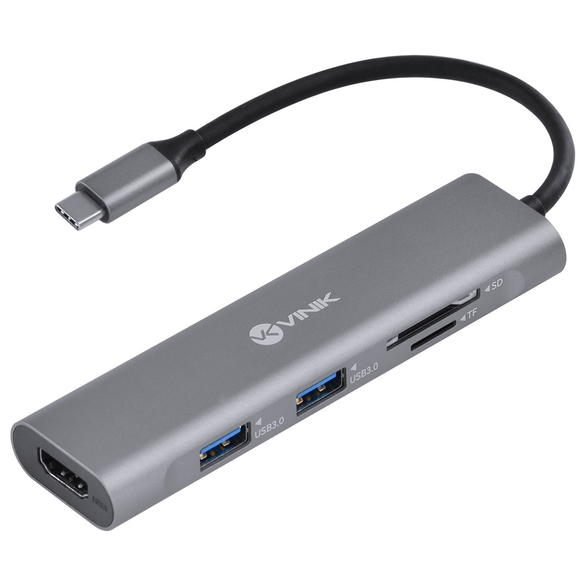 Hub com 2 entradas USB 3.0, 1 entrada USB cartão SD, 1 entrada para cartão TF e uma entrada HDMI 4K. Apresenta conexão USB Tipo C e é na cor cinza metalizado.